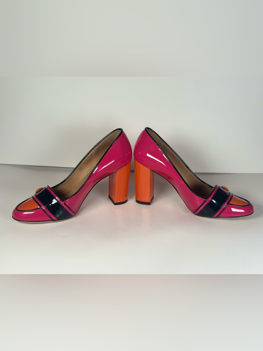 Salvatore Ferragamo Pink and Orange Patent Leather Block Heel Pumps - Picture 2 of 9